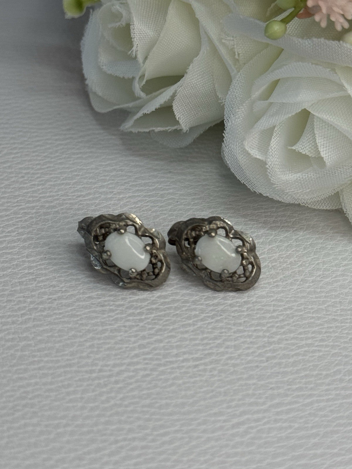 Vintage 925 Sterling Silver Opal Earrings Length 0.56 Inch