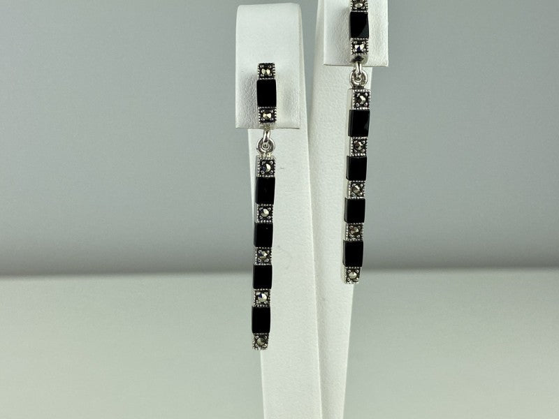 925 Sterling Silver Black Nephrite & Marcasites Earrings