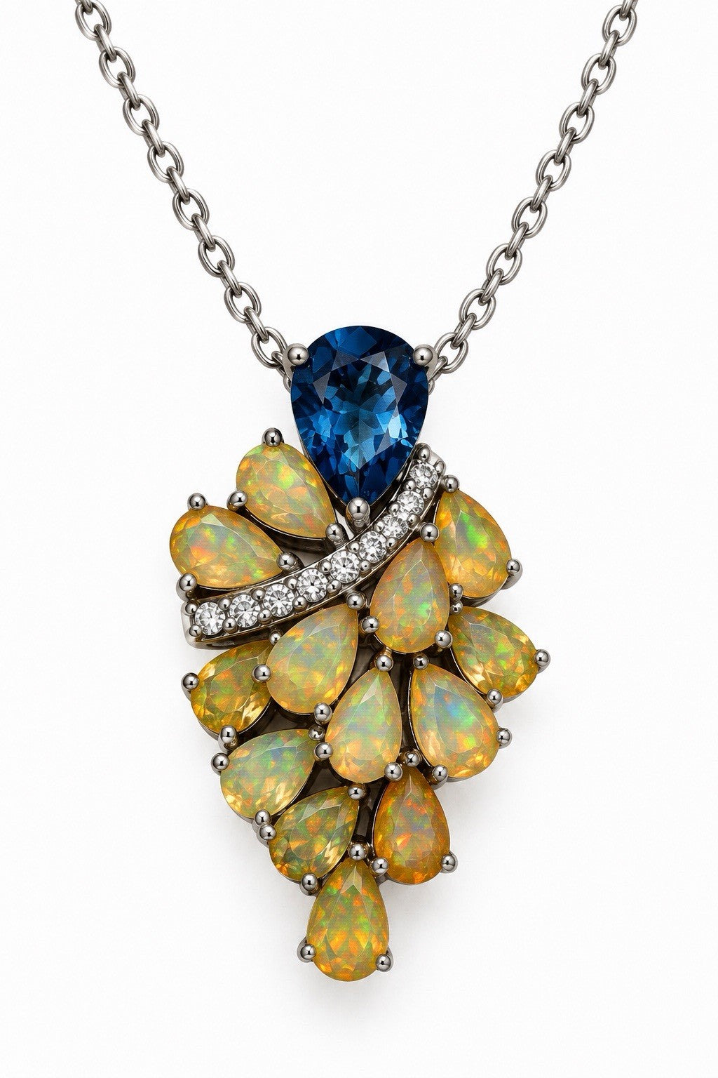 925 Sterling Silver Fire Opal & Blue Topaz & Beryl Necklace