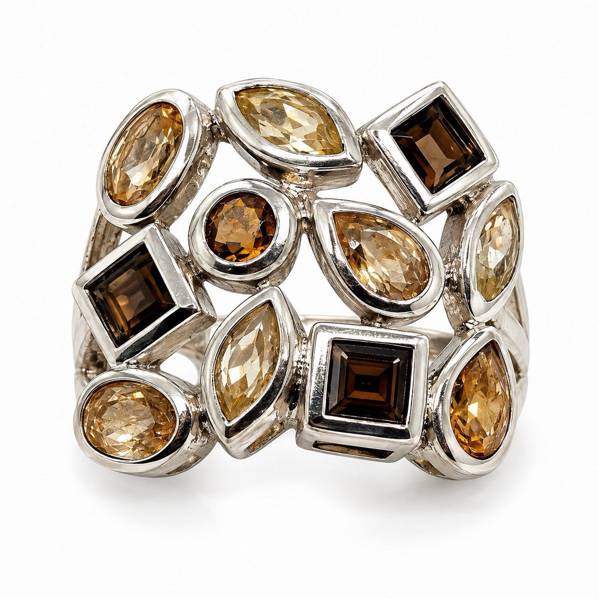 925 Sterling Silver Citrine and Smoky Quartz Color Stones Wide Band Ring Size 9
