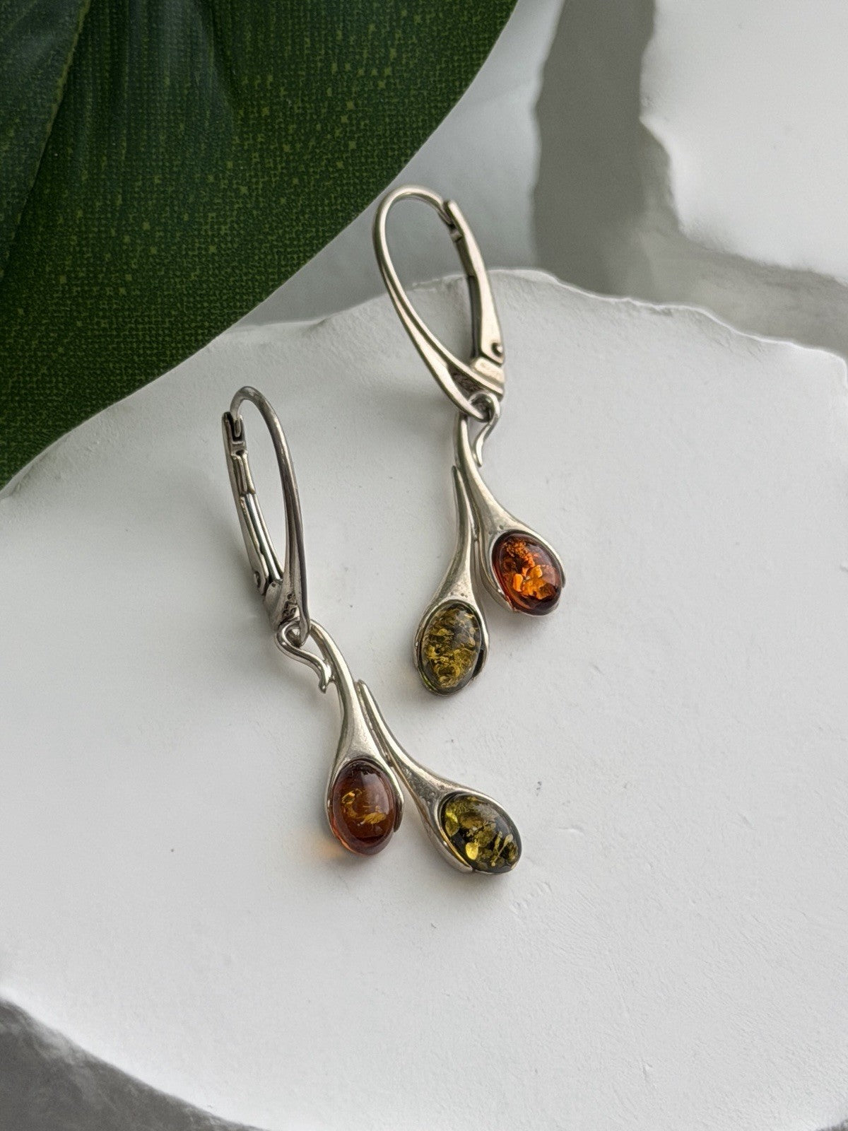 925 Sterling Silver Green & Orange Amber Earrings