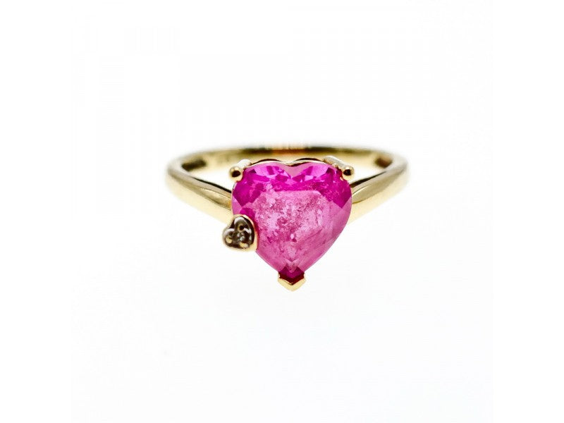 10K Yellow Gold Pink Topaz & Diamond Heart Ring Size 8