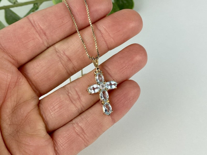 925 Sterling Silver Gold Plated Blue Spinel Chain With Cross