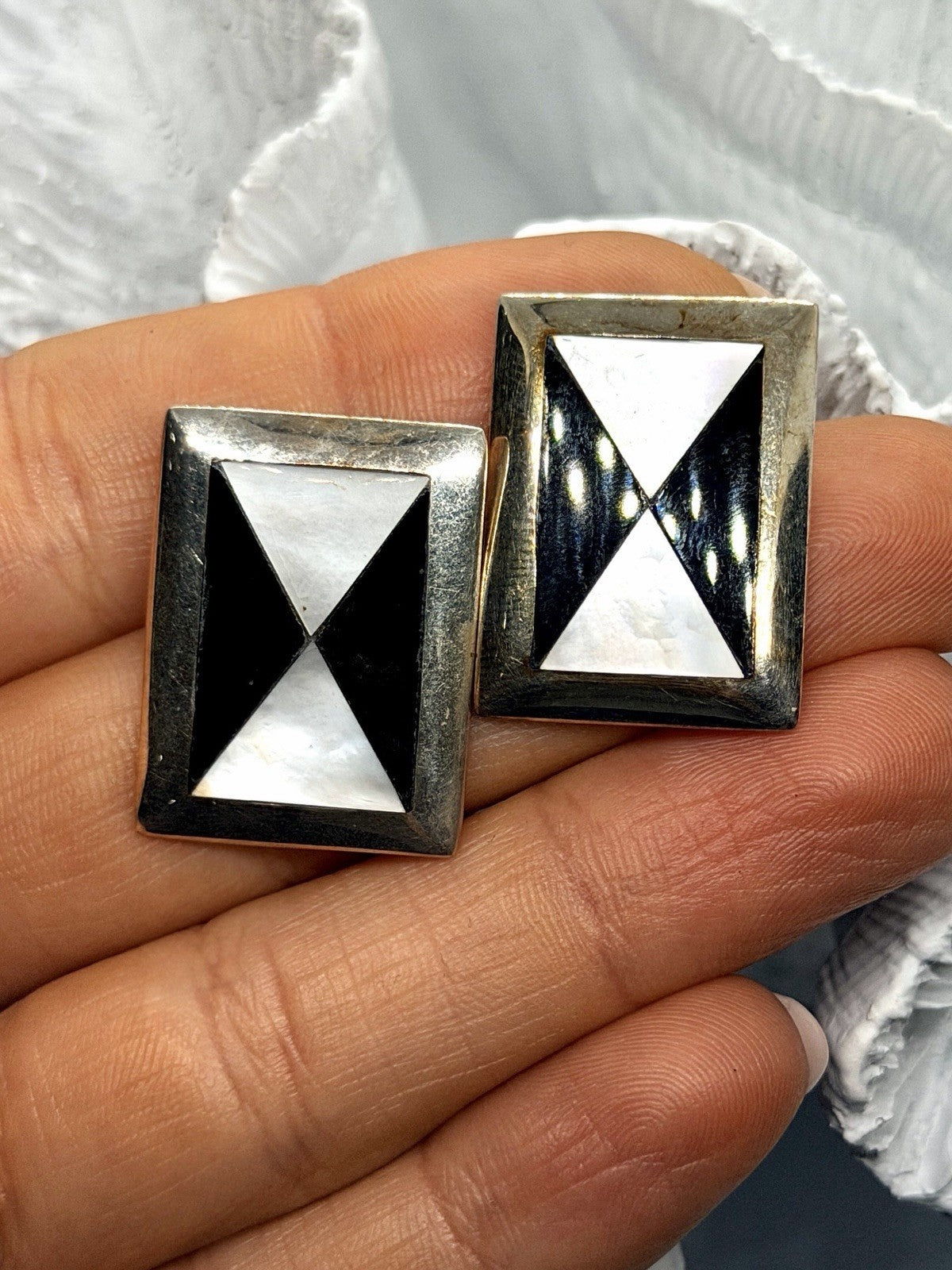 925 Sterling Silver Black Onyx & Mother of Pearl Geometric Rectangle Earrings