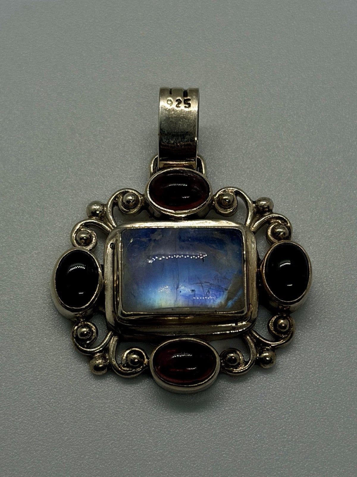 Vintage 925 Sterling Silver Moonstone Garnet & Smoky Quartz Ornate Pendant