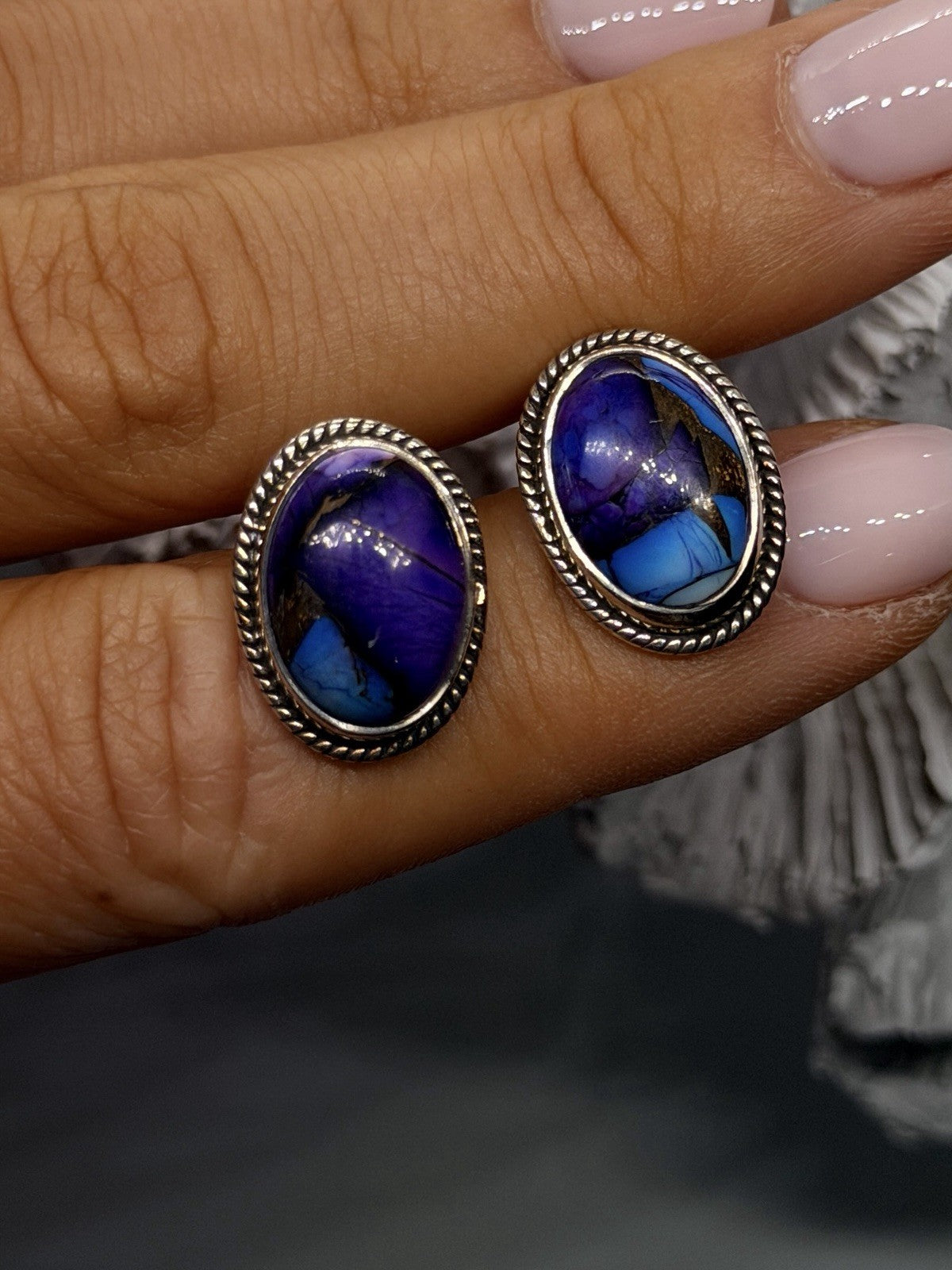 925 Sterling Silver Purple & Blue Turquoise Composite Stone Oval Stud Earrings