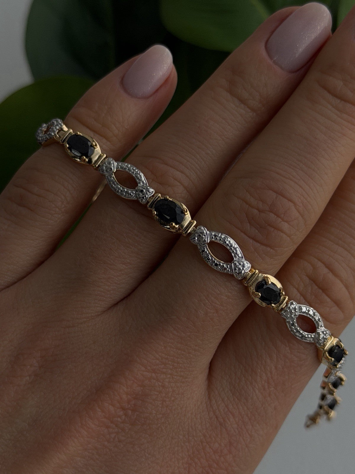 925 Sterling Silver Gold Plated Dark Blue Sapphire Bracelet 7.5