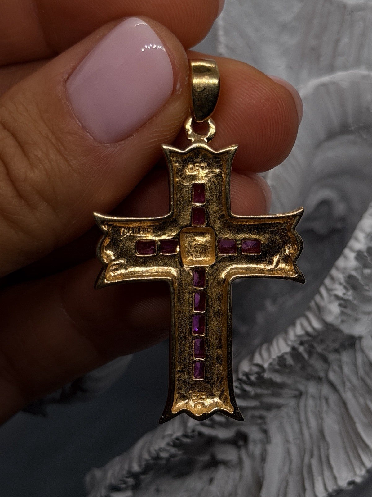 925 Sterling Silver Pink Sapphire Gold plated Cross Pendant