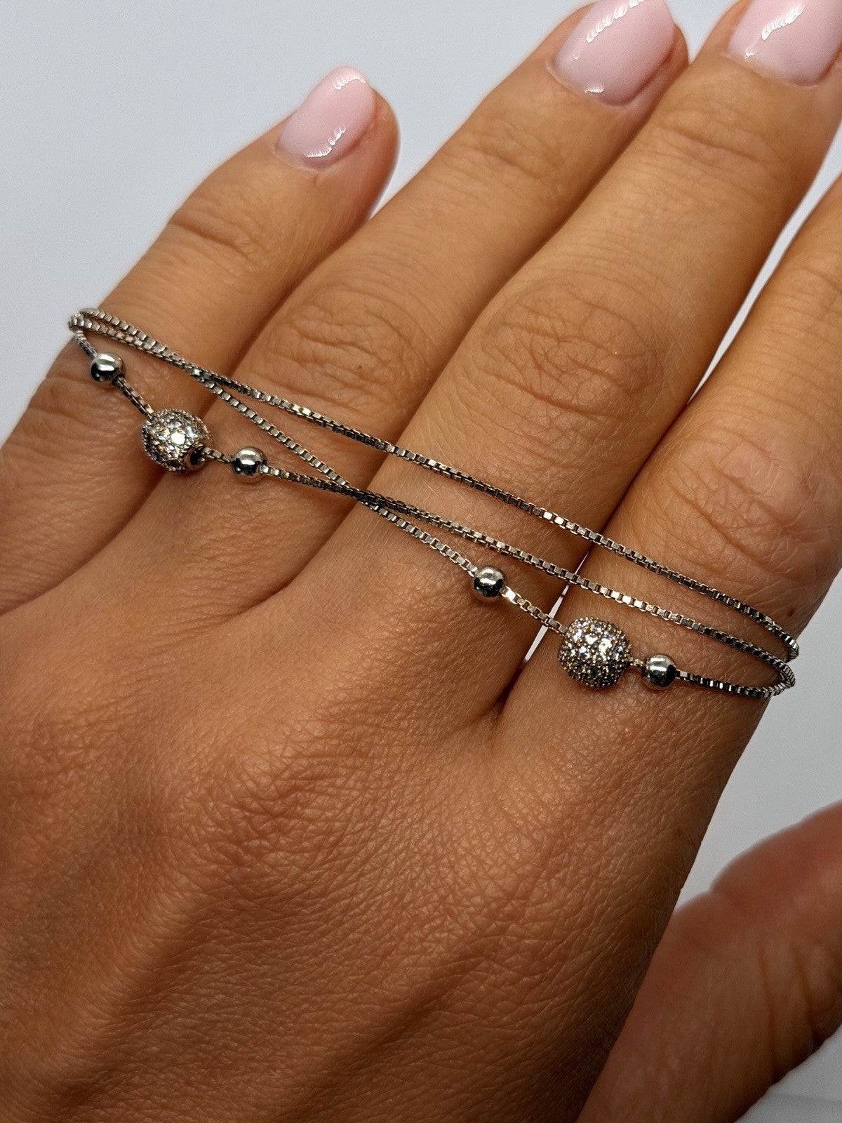 925 Sterling Silver Multi-Strand Box Chain Pave Cz Beads Bracelet Size 6.5/8