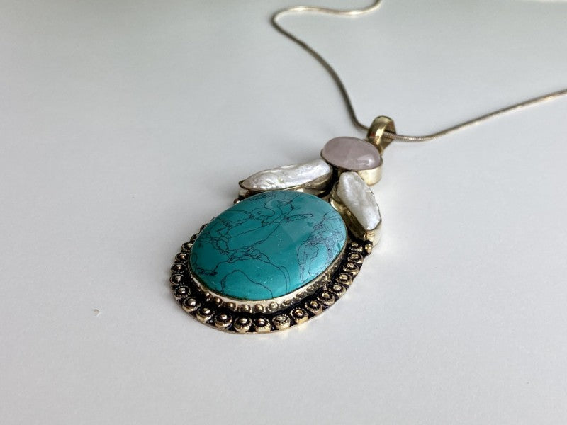 925 Sterling Silver Turquoise, Rose Quartz and Baroque Pearl Chain with Pendant