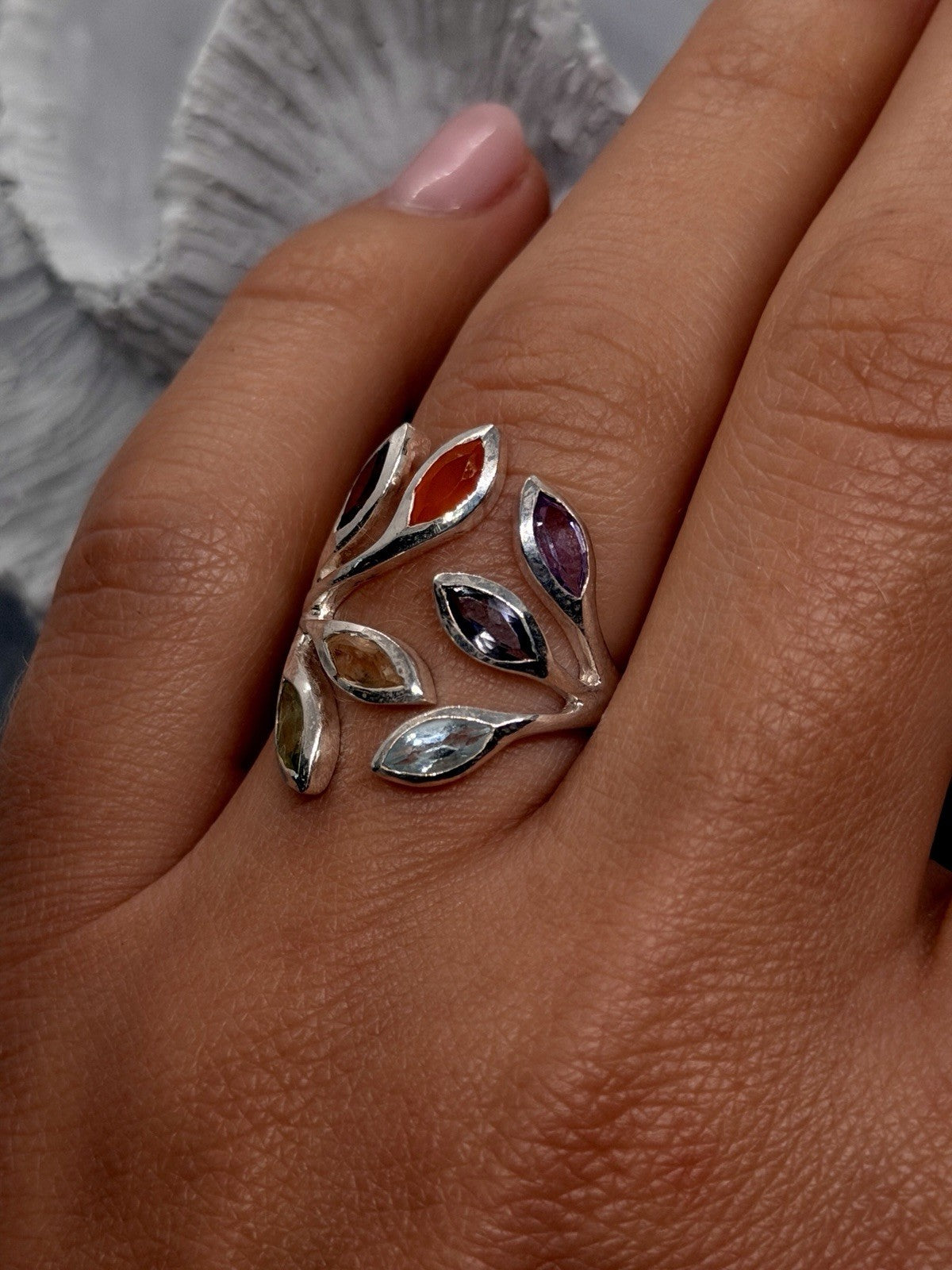 Adjustable 925 Sterling Silver Multi Color Stones Rainbow Ring