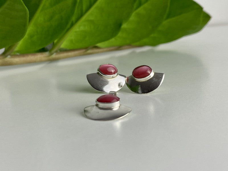 925 Sterling Silver Pink Agate Stud Earrings & Pendant Set