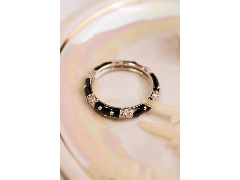 925 Sterling Silver Black Enamel & CZ Band Ring Size 11