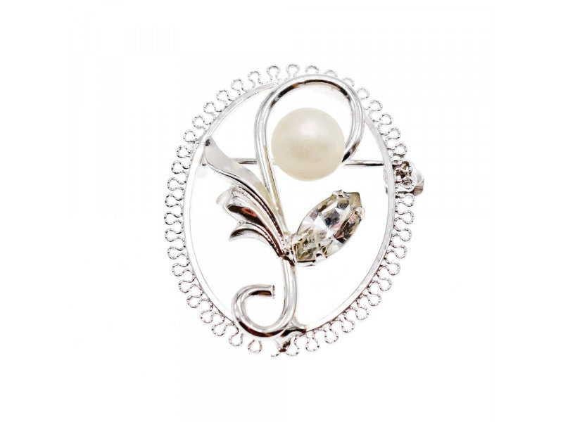 925 Sterling Silver Pearl and CZ "Flower" Brooch