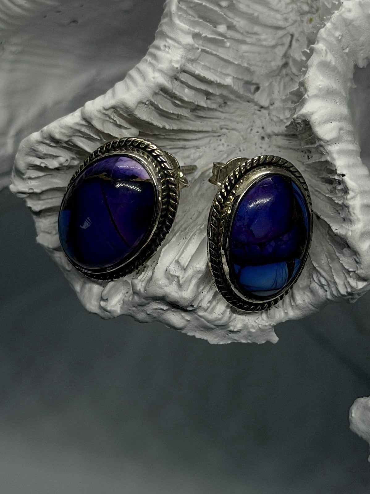 925 Sterling Silver Purple & Blue Turquoise Composite Stone Oval Stud Earrings