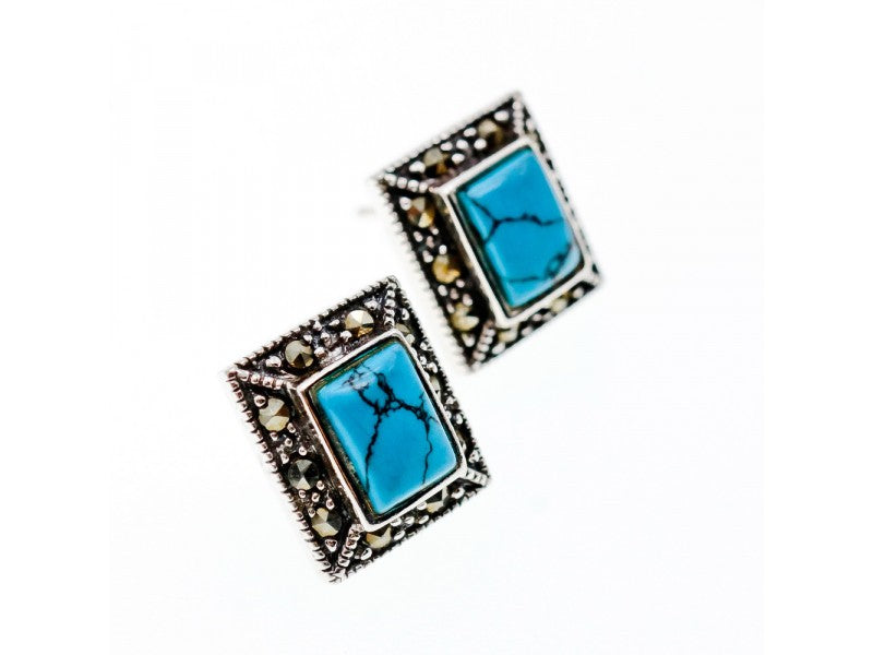 925 Sterling Silver Turquoise & Marcasites Earrings