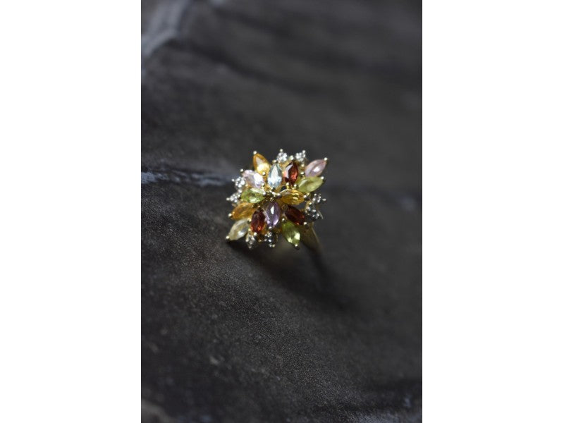 925 Sterling Silver Gold Plated Multi Gemstones Ring Size 6.5