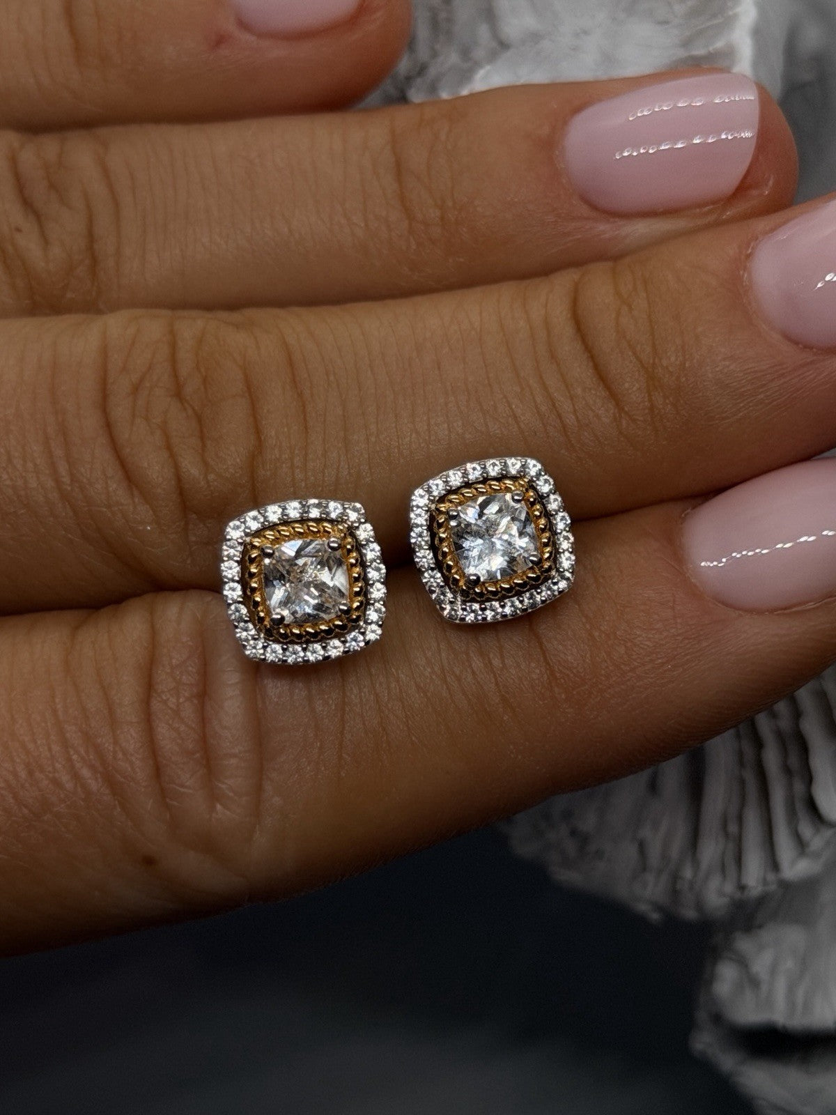 925 Sterling Silver Two-Tone Cushion Cut Halo Stud Cz Earrings Gold Accent