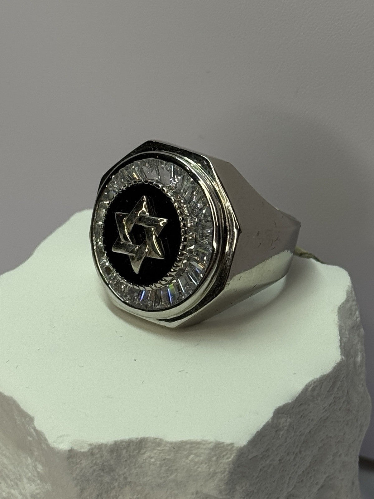 925 Sterling Silver Star of David Onyx & CZ Ring Size 9.5