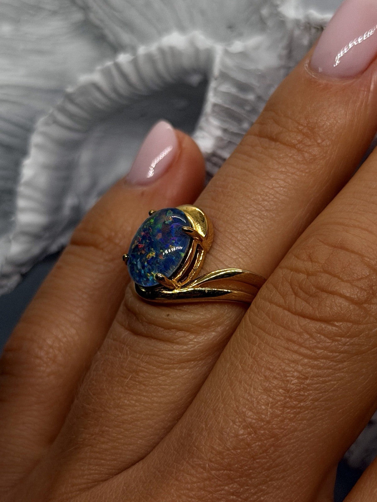 925 Sterling Silver Gold Plated Blue Opal Oval Ring Size 6