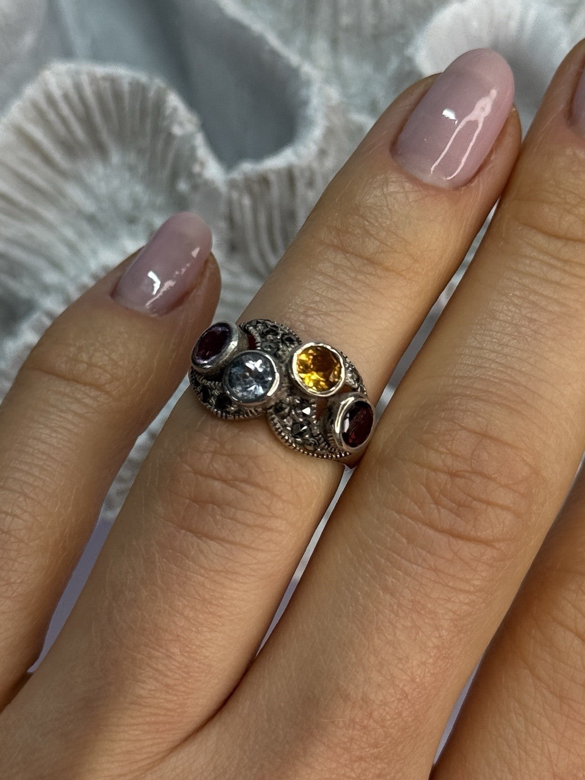 925 Sterling Silver Garnet, Citrine, Topaz, Amethyst & Marcasite Ring Size 5.5