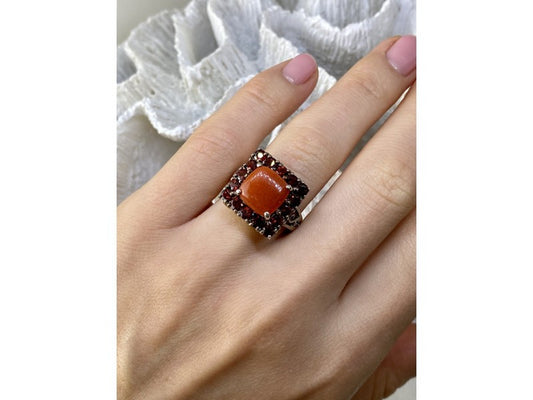 925 Sterling Silver Amber & Garnet Ring Size 8.5