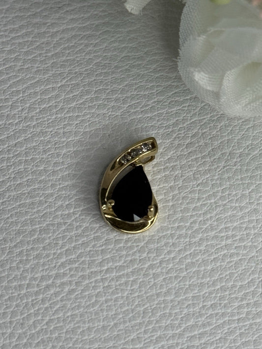 10K Yellow Gold Black Sapphire & Diamonds Pendant Length 0.60 Inch