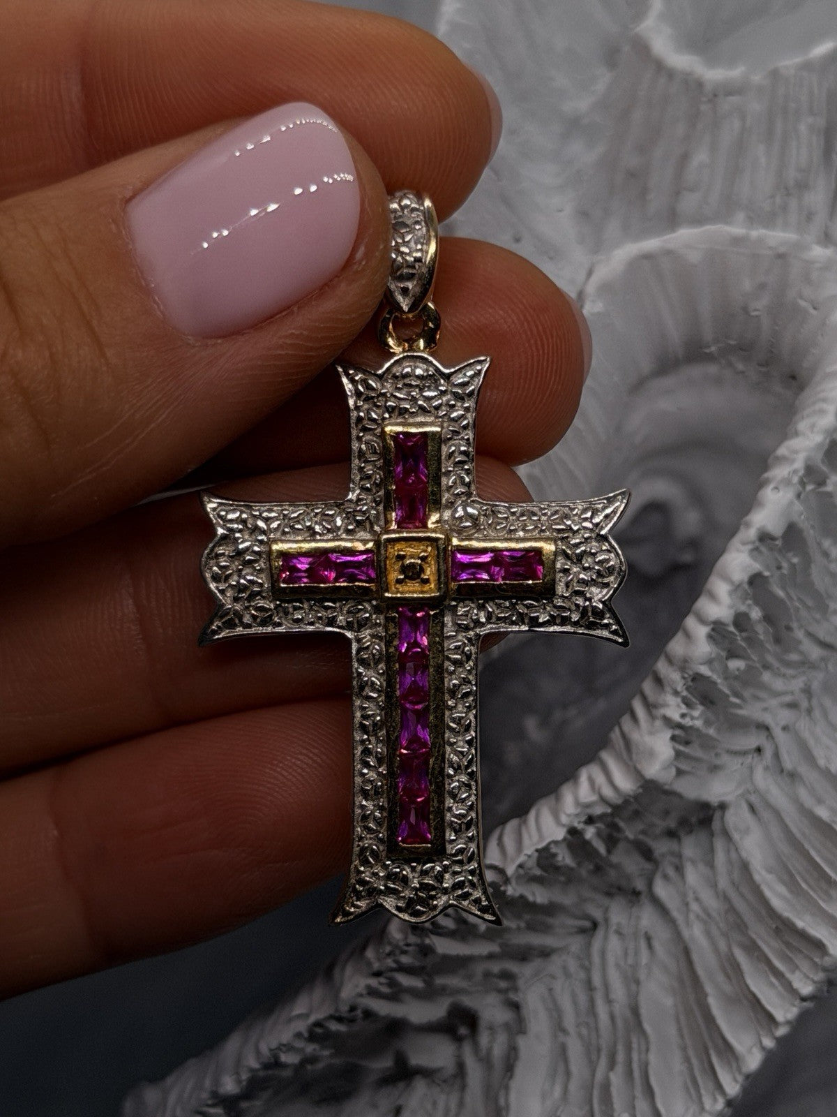 925 Sterling Silver Pink Sapphire Gold plated Cross Pendant