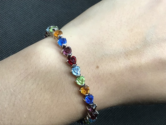 925 Sterling Silver Multicolor CZ Bracelet 7 In