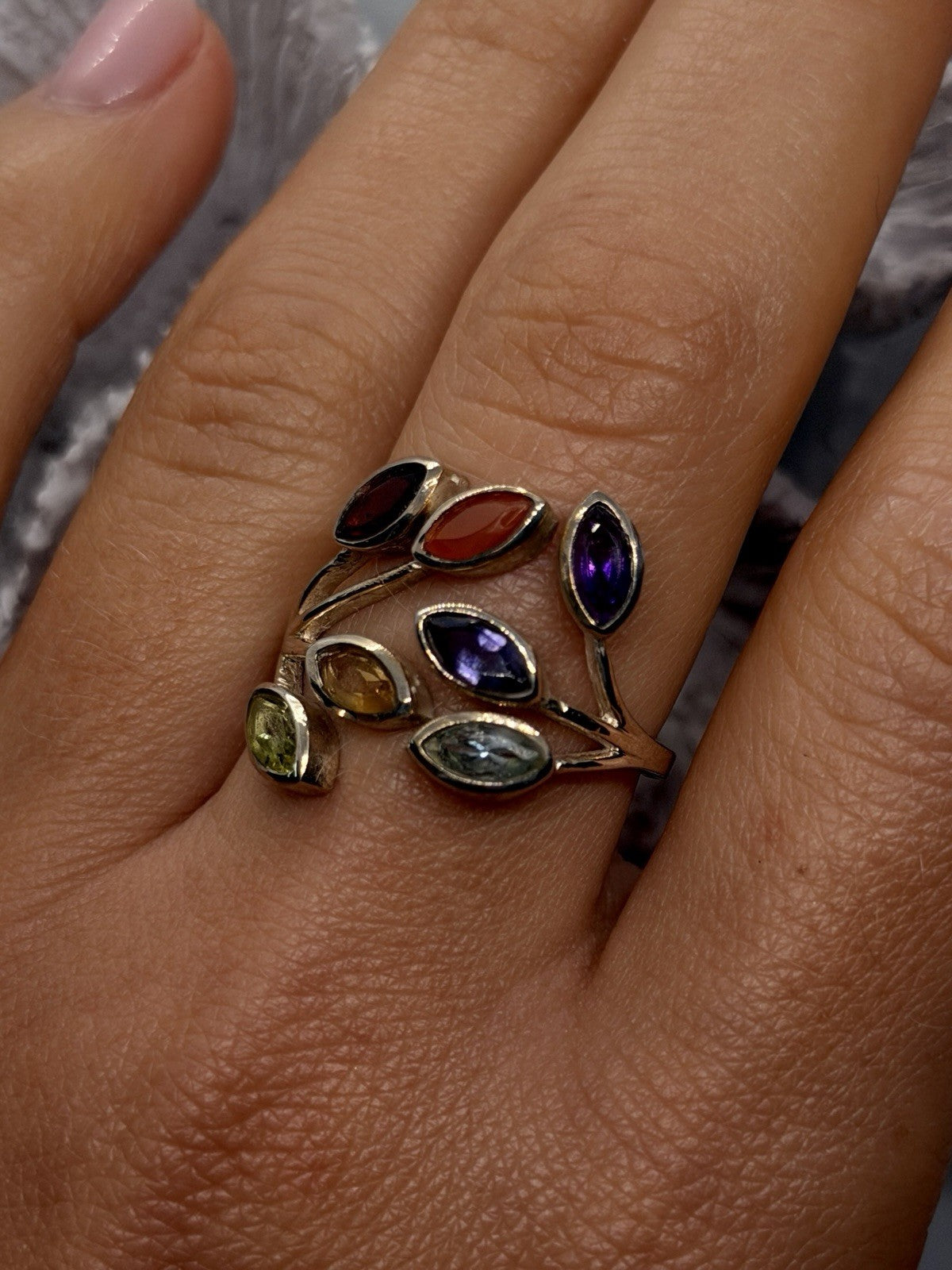 Adjustable 925 Sterling Silver Multi Color Ring Floral Design