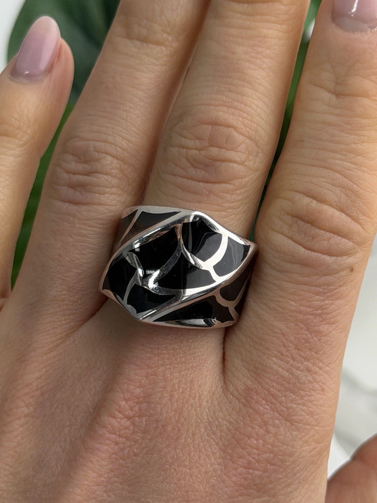 Italy Geometric Design 925 Sterling Silver Black Onyx Ring Size 10