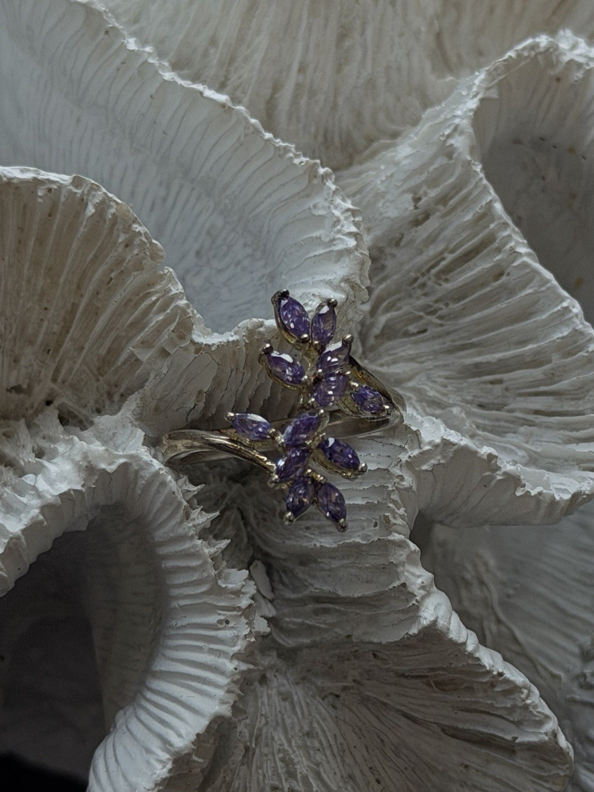 925 Sterling Silver Purple Amethyst Flower Ring Adjustable