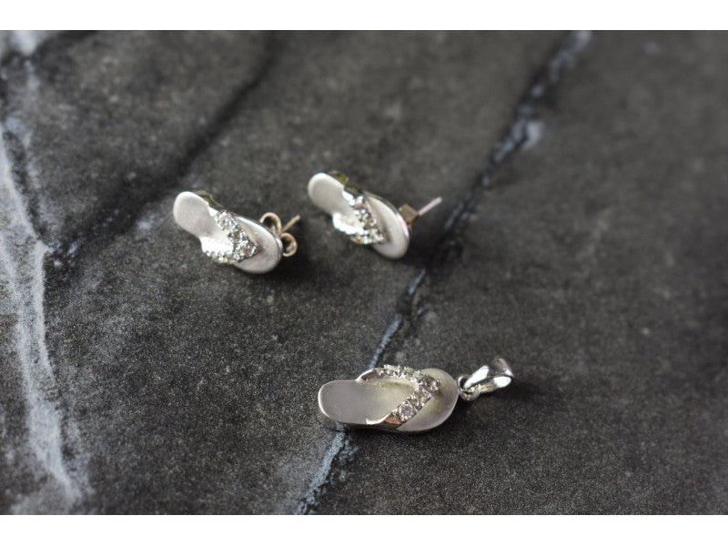 925 Sterling Silver CZ "Flip-Flops" Stud Earrings & Pendant Summer Set