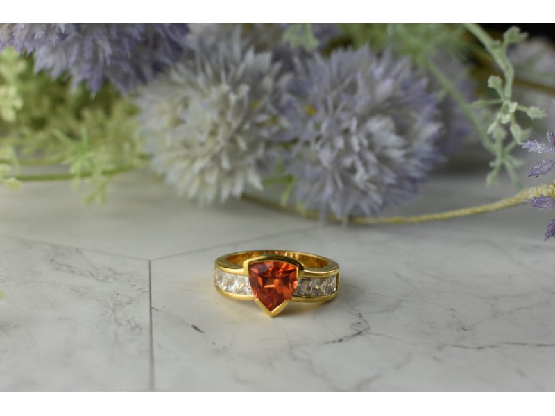 925 Sterling Silver Gold Plated Orange Topaz & CZ Ring Size 8.5