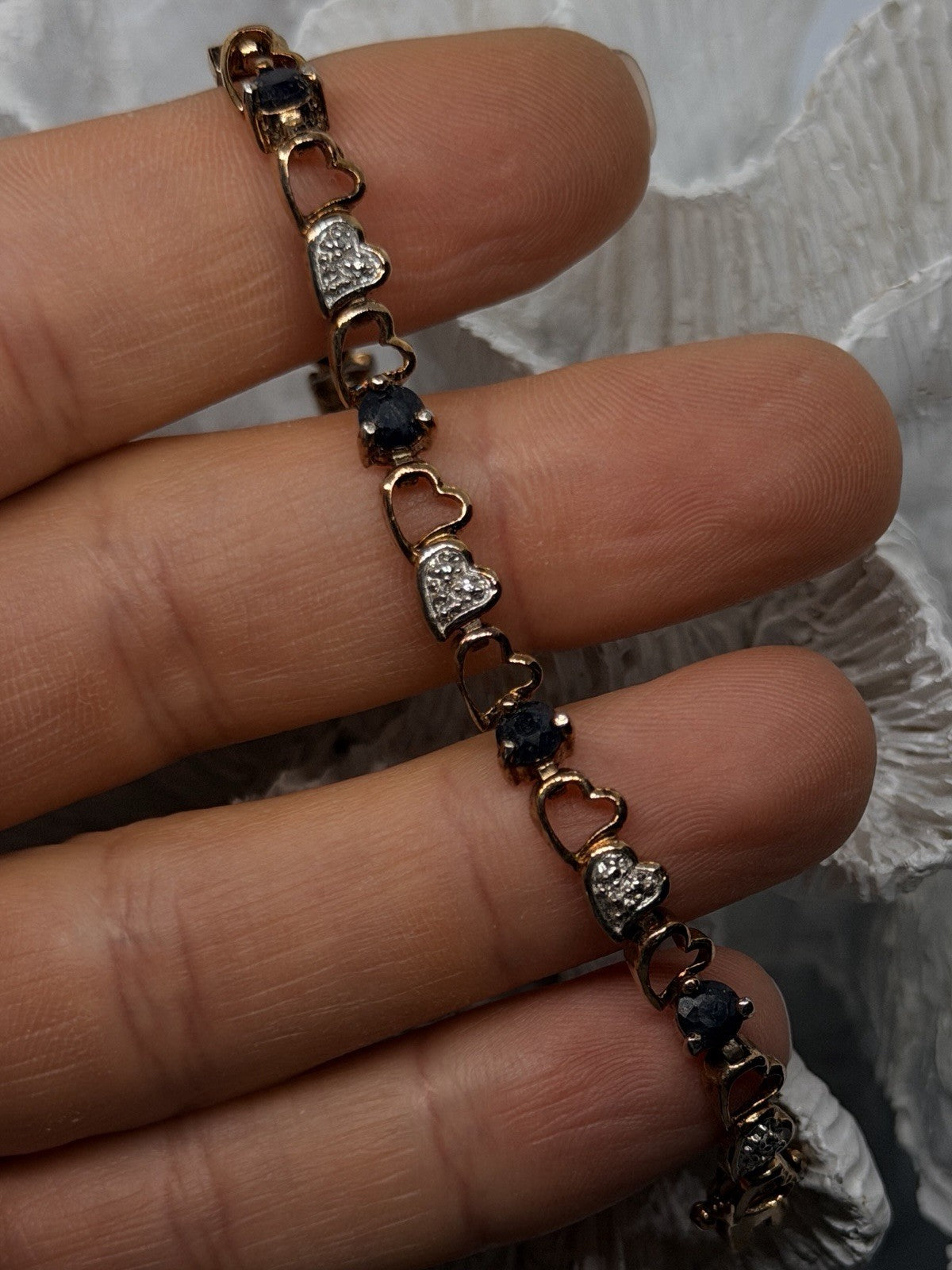 925 Sterling Silver Gold Plated Sapphire Heart Bracelet Size 7.5