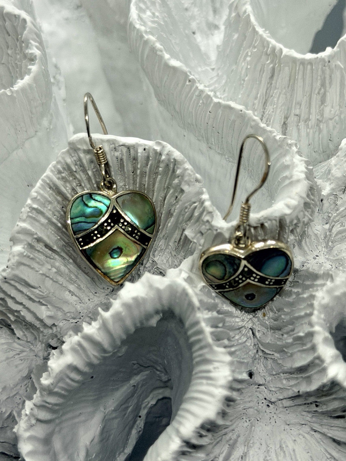 Vintage 925 Sterling Silver Abalone Shell heart Dangle Earrings