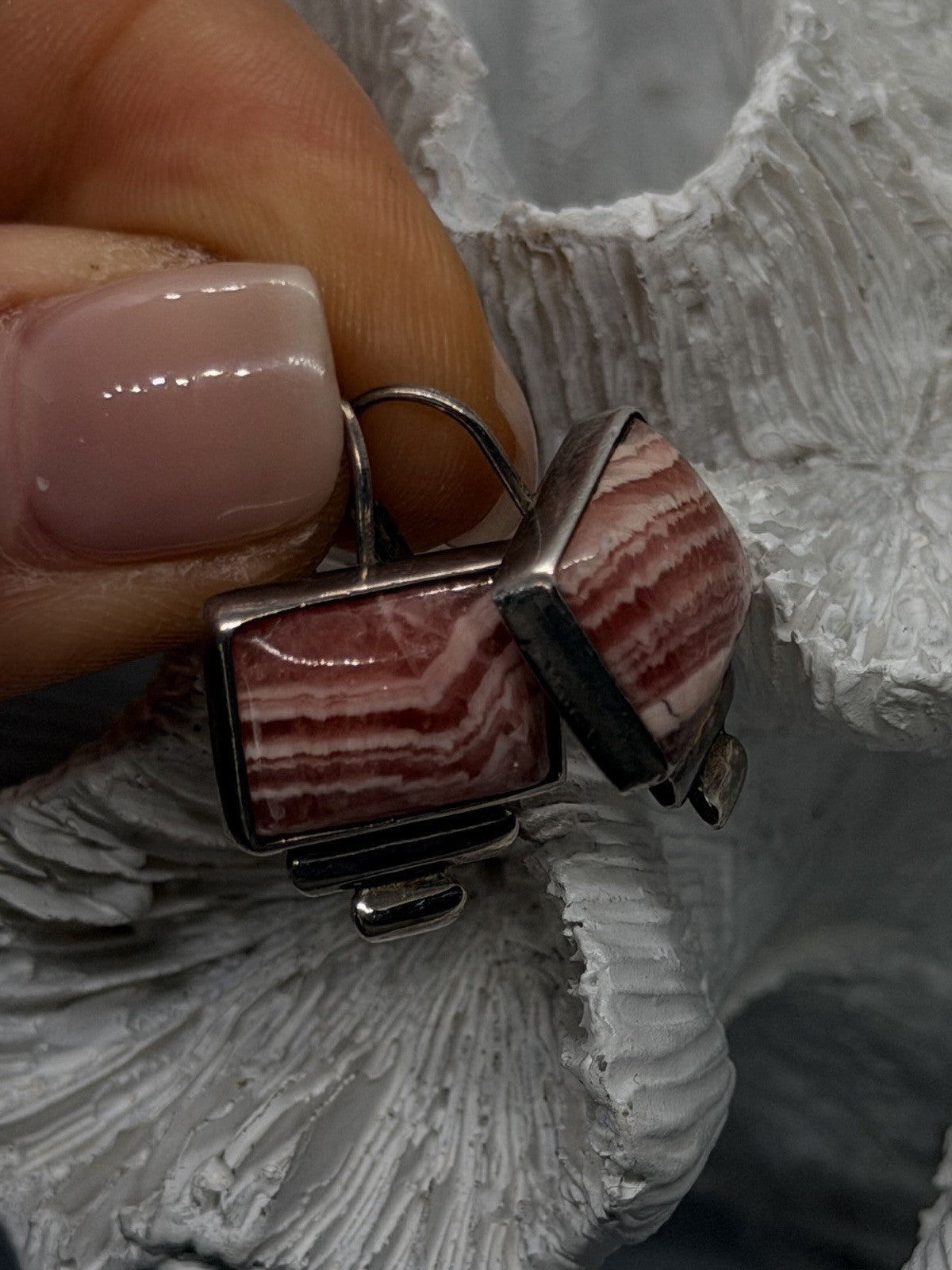 Southwestern Design 925 Sterling Silver Rhodochrosite Geometric Drop Earrings