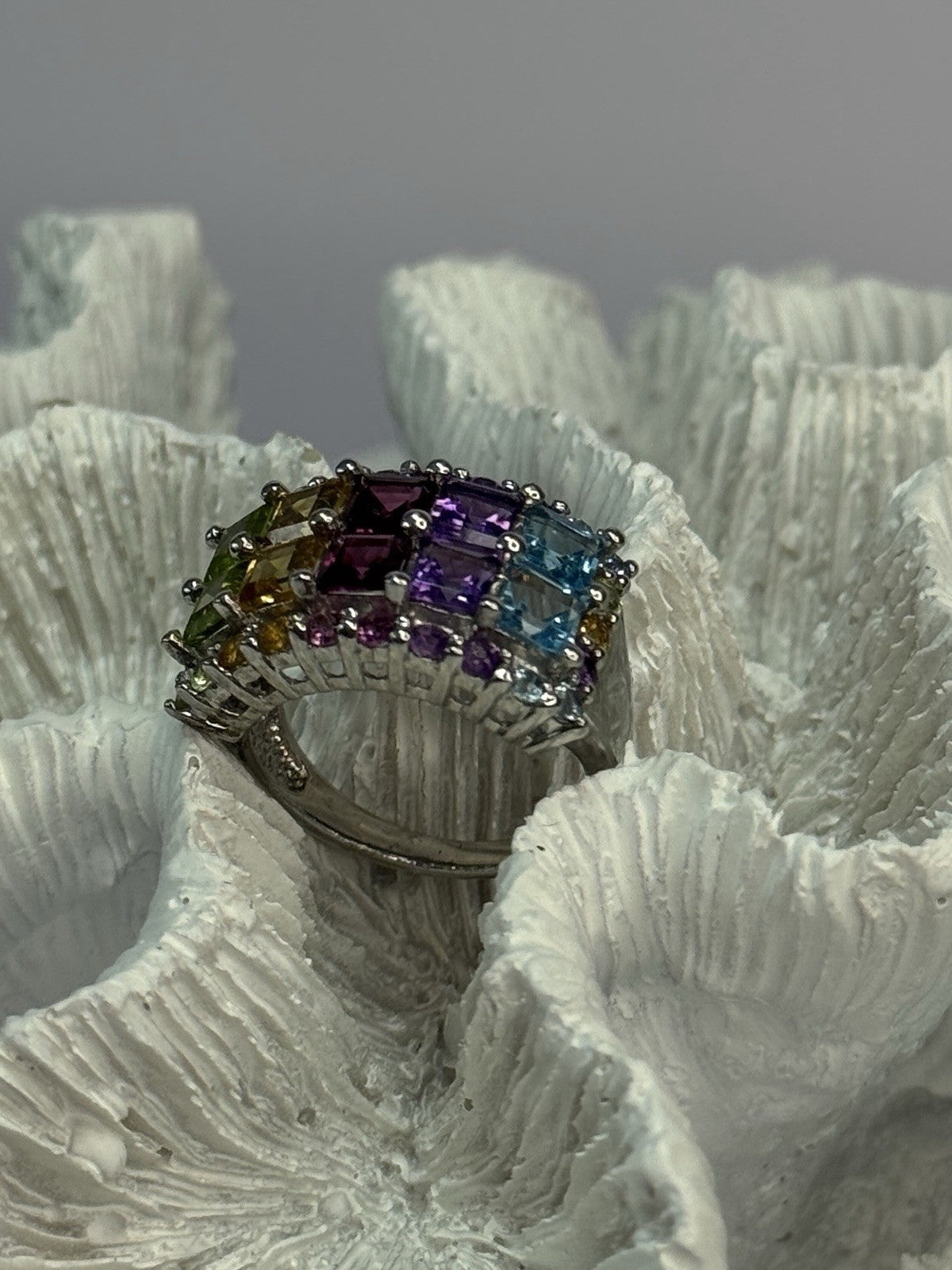 925 Sterling Silver Multicolor Stones Ring Size 7