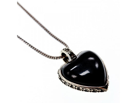 925 Sterling Silver Black Jade and Mother of Pearl "Heart" Chain with Pendant