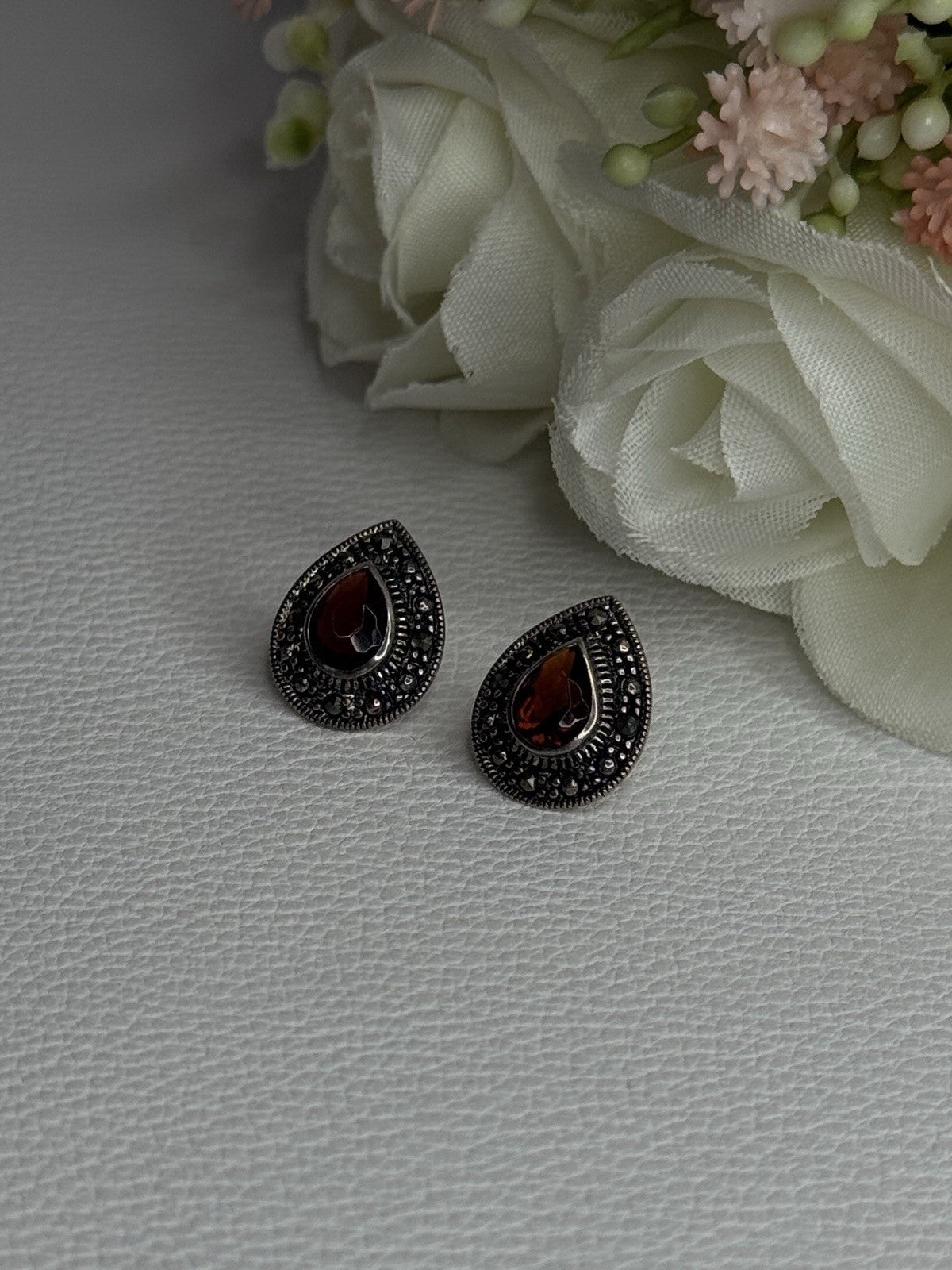 925 Sterling Silver Garnet & Marcasite Earrings Length 0.60 Inch