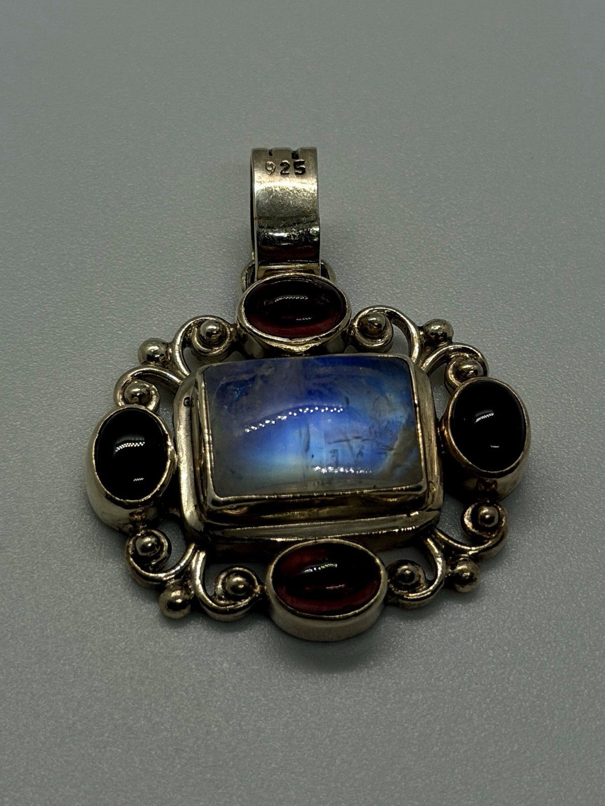 Vintage 925 Sterling Silver Moonstone Garnet & Smoky Quartz Ornate Pendant