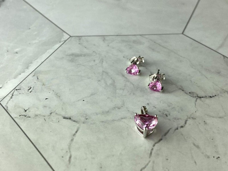 925 Sterling Silver Morganite and CZ "Hearts" Stud Earrings & Pendant Set