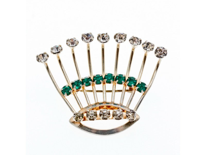 Vintage 925 Sterling Silver White & Green Jewelry Glass "Fan" Brooch