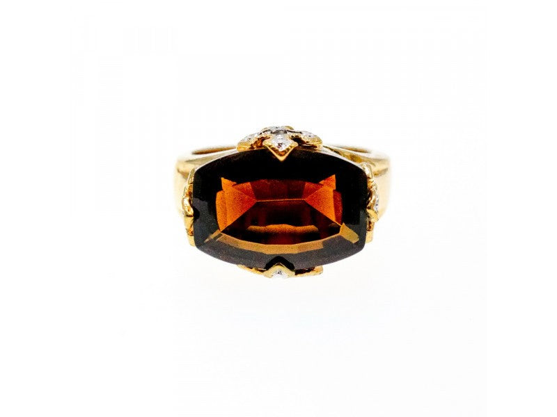 925 Sterling Silver Gold Plated Hessonite & Diamonds Ring Size 5.5