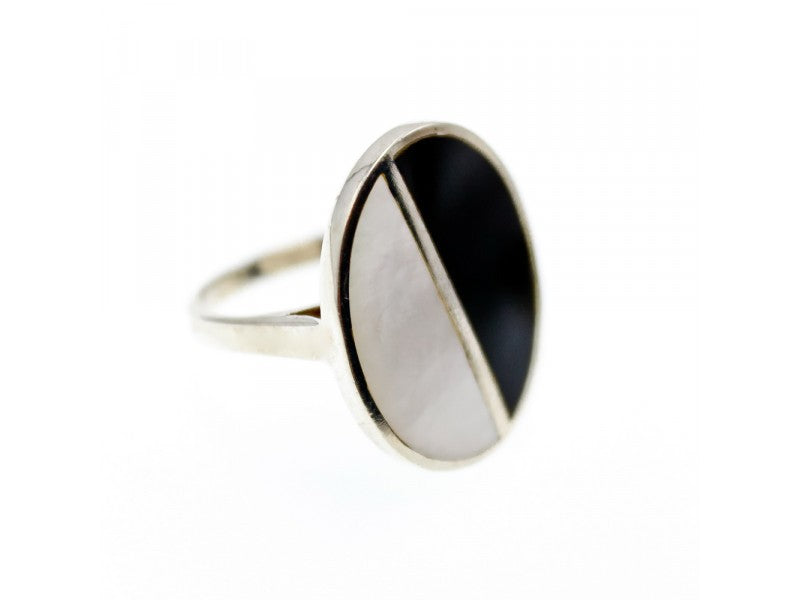 925 Sterling Silver Mother OF Pearl & Enamel Ring Size 9.75