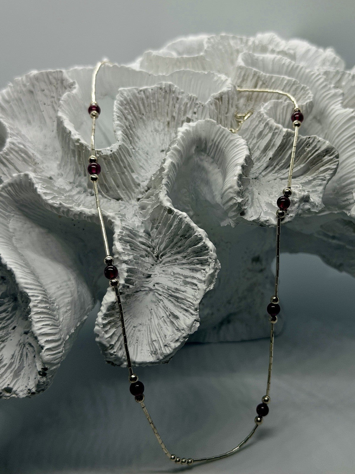 925 Sterling Silver Deep Red Garnet Beaded Necklace Adjustable
