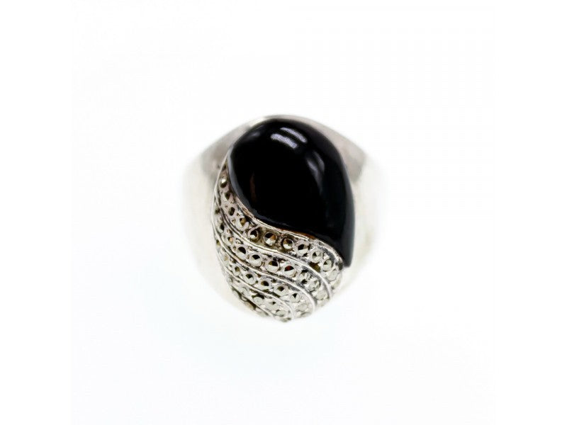 Vintage 925 Sterling Silver Black Jade & Marcasites Ring Size 8.5