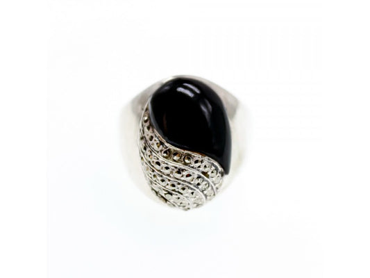 Vintage 925 Sterling Silver Black Jade & Marcasites Ring Size 8.5