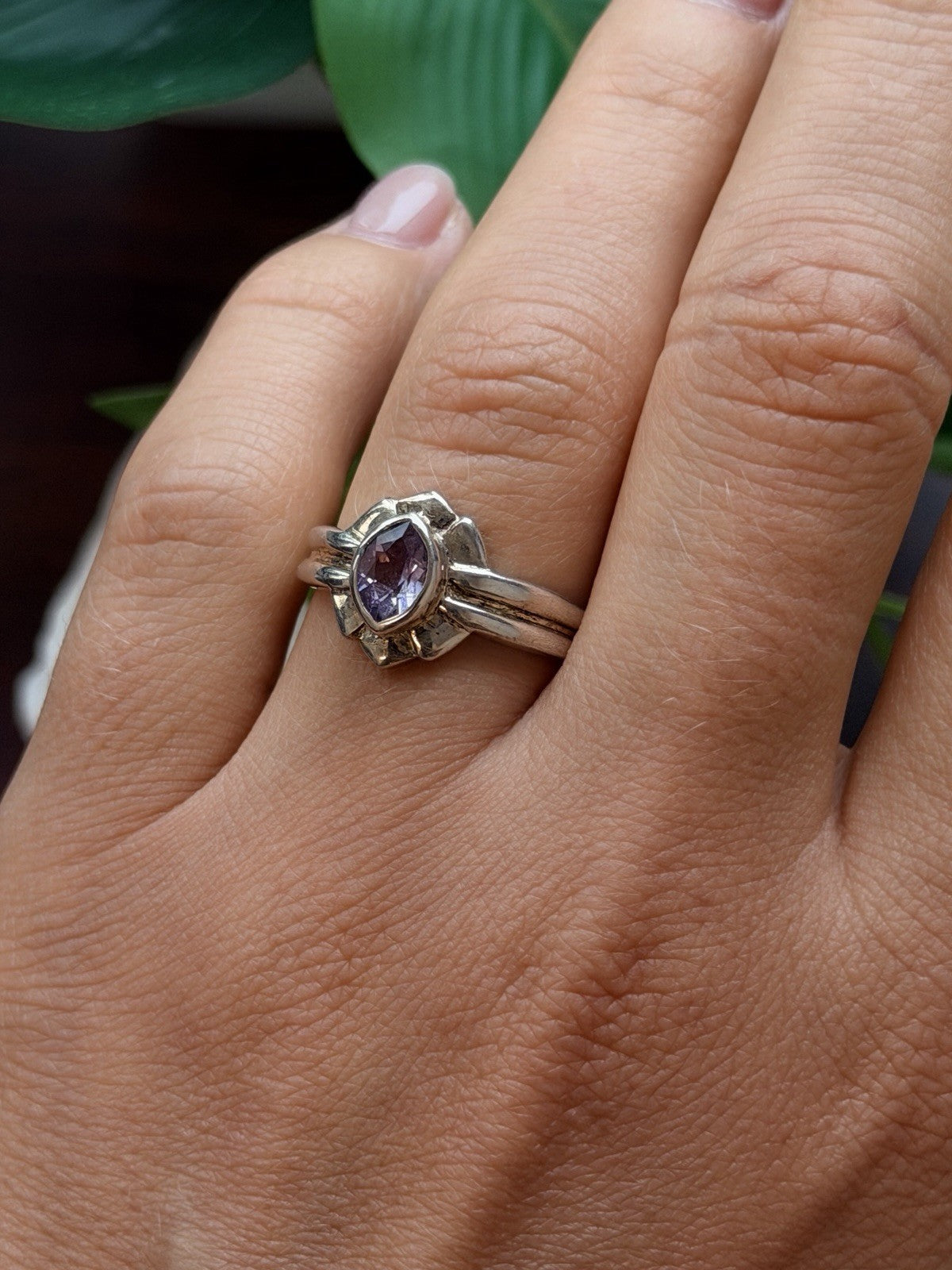 925 Sterling Silver Marquise Cut Art Deco Purple Amethyst Ring Size 8