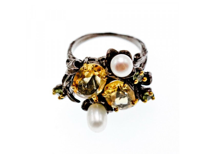925 Sterling Blackened Silver Citrine, Peridot and Pearls Ring Size 7